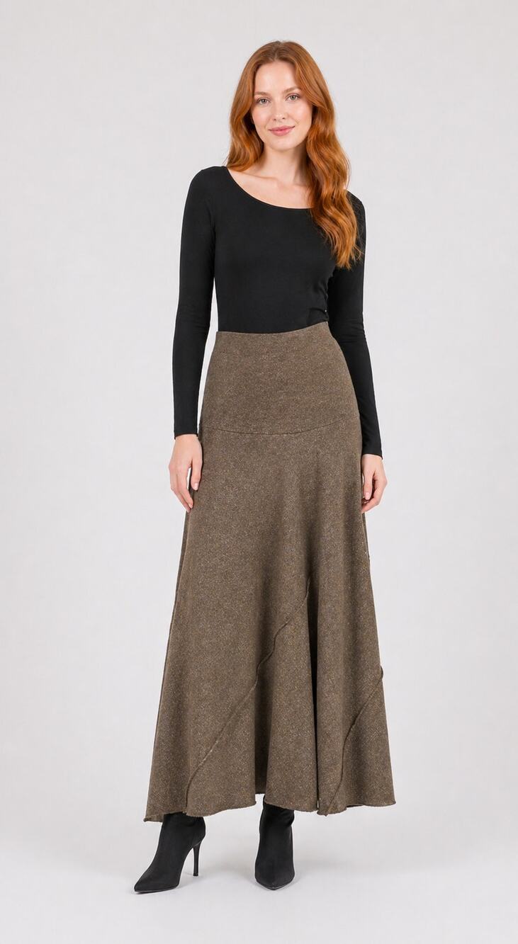 Parni Womens Patch Design Sweater Maxi Skirt Mocha Gold Size Medium New